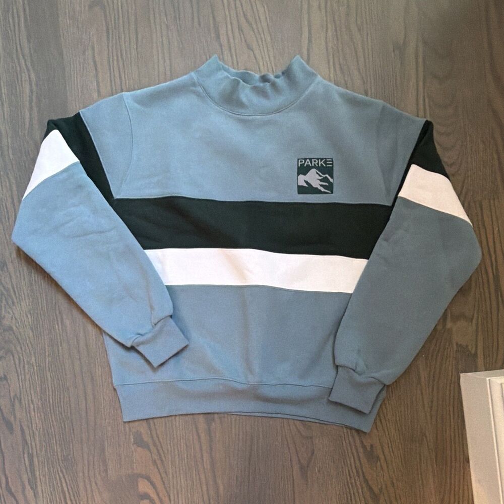 PARKE Colorblock Mock Neck Fleece Logo Pullover Sweatshirt Women’s S/M Blue